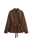 Welur Kimonowa Kurtka z Paskiem w Talii-Jackets-Moda Perla-Brązowy-S-Moda Perla