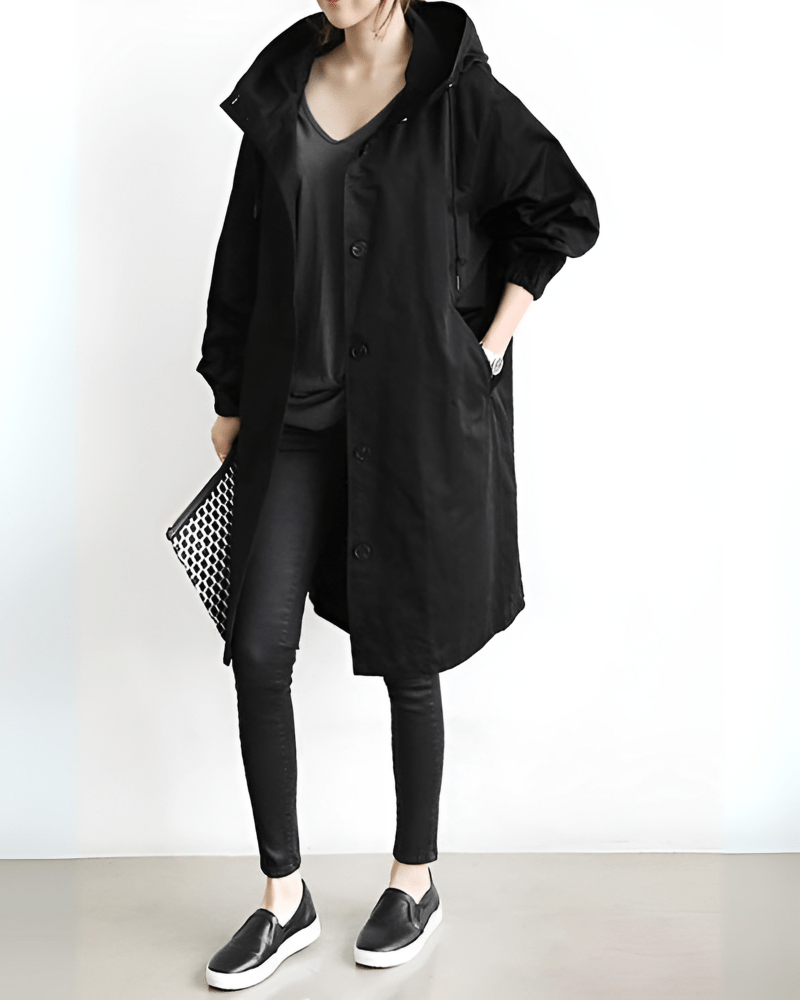 Wiosenny Wodoodporny Płaszcz Trencz z Kapturem dla Kobiet-Women's Coat-Moda Perla-Czarny-XS-Moda Perla