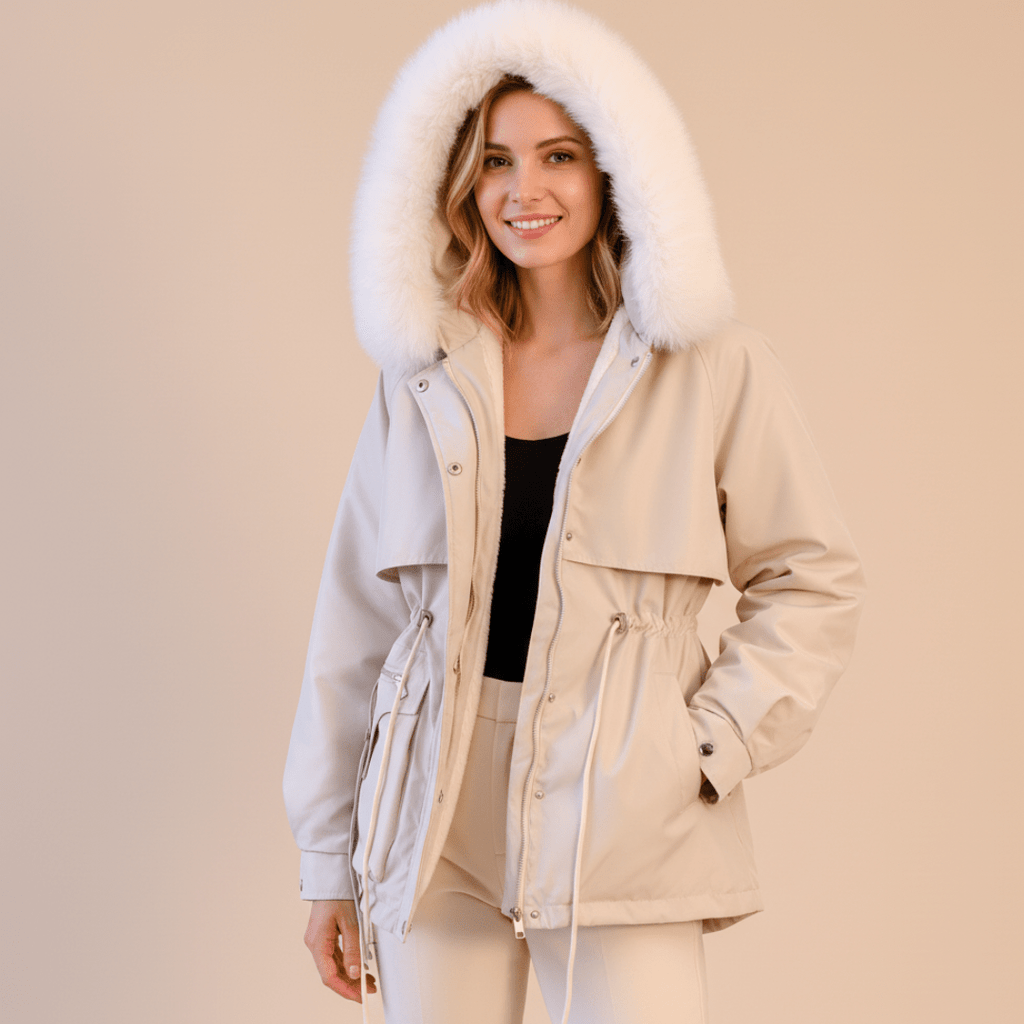 Zimowa Damska Parka z Futrzanym Kapturem-Women's Winter Jacket-Moda Perla-Beżowy-M-Moda Perla