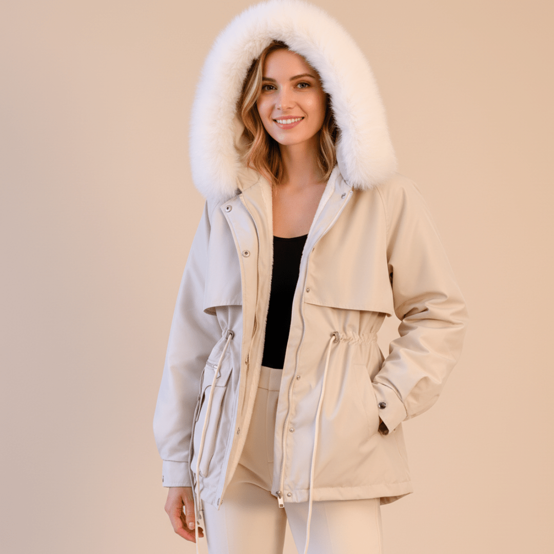 Zimowa Damska Parka z Futrzanym Kapturem-Women's Winter Jacket-Moda Perla-Beżowy-M-Moda Perla