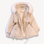 Zimowa Damska Parka z Futrzanym Kapturem-Women's Winter Jacket-Moda Perla-Beżowy-M-Moda Perla