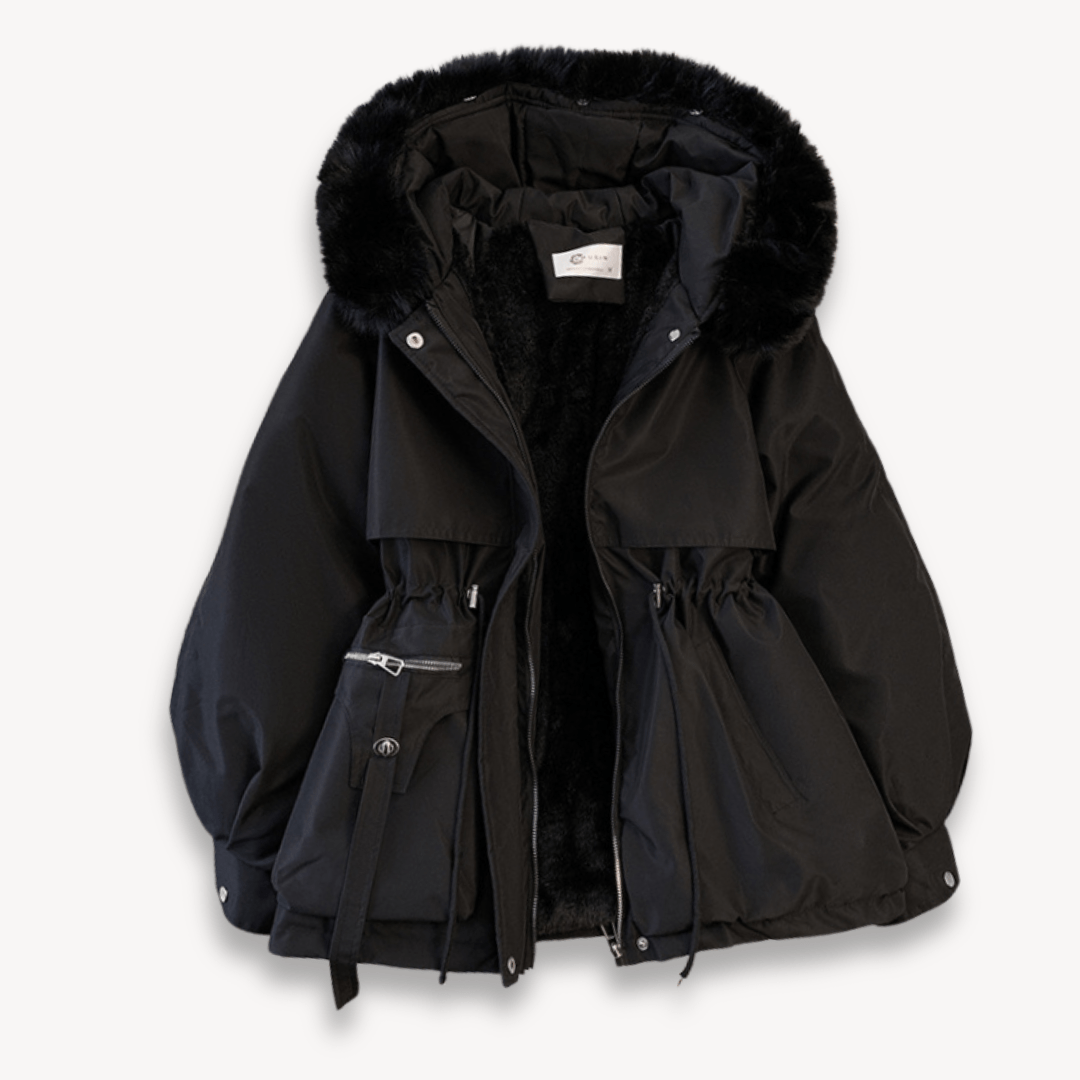 Zimowa Damska Parka z Futrzanym Kapturem-Women's Winter Jacket-Moda Perla-Czarny-M-Moda Perla