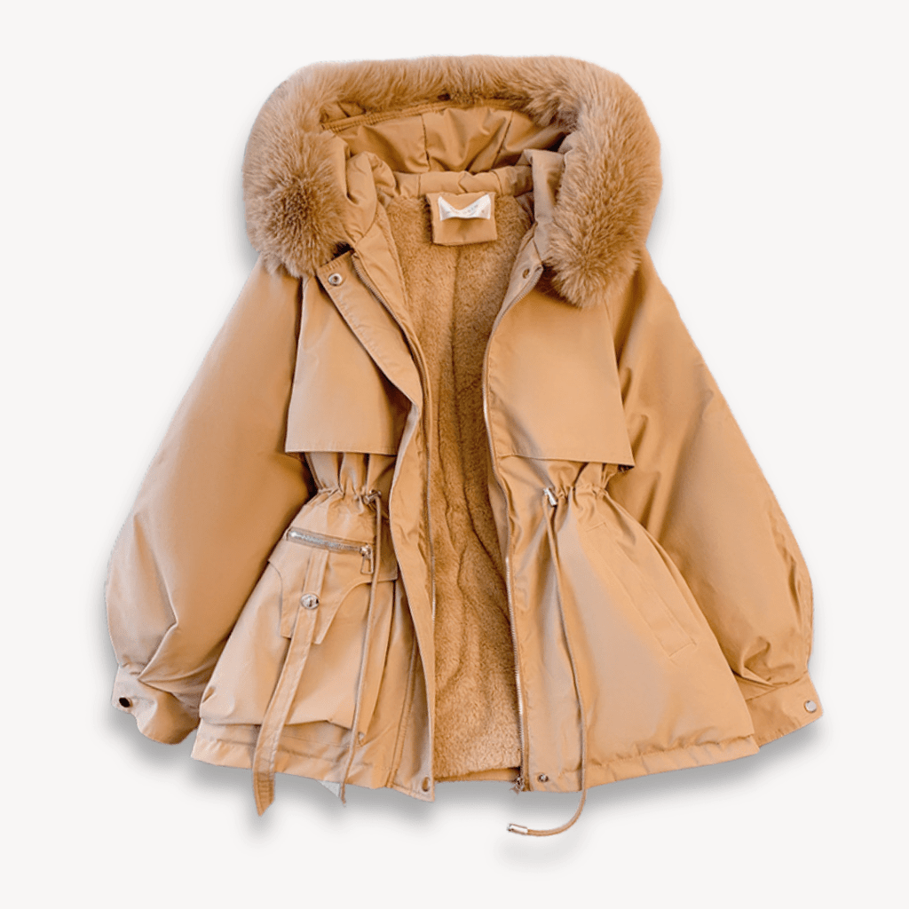 Zimowa Damska Parka z Futrzanym Kapturem-Women's Winter Jacket-Moda Perla-Khaki-M-Moda Perla