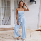 Elegancki Kombinezon Damski bez Ramiączek | Szerokie Nogawki i Wiązanie w Pasie