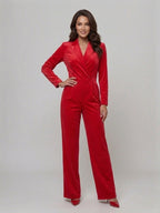 Elegancki Kombinezon Wieczorowy z Kołnierzem | Szerokie Nogawki i Pasek