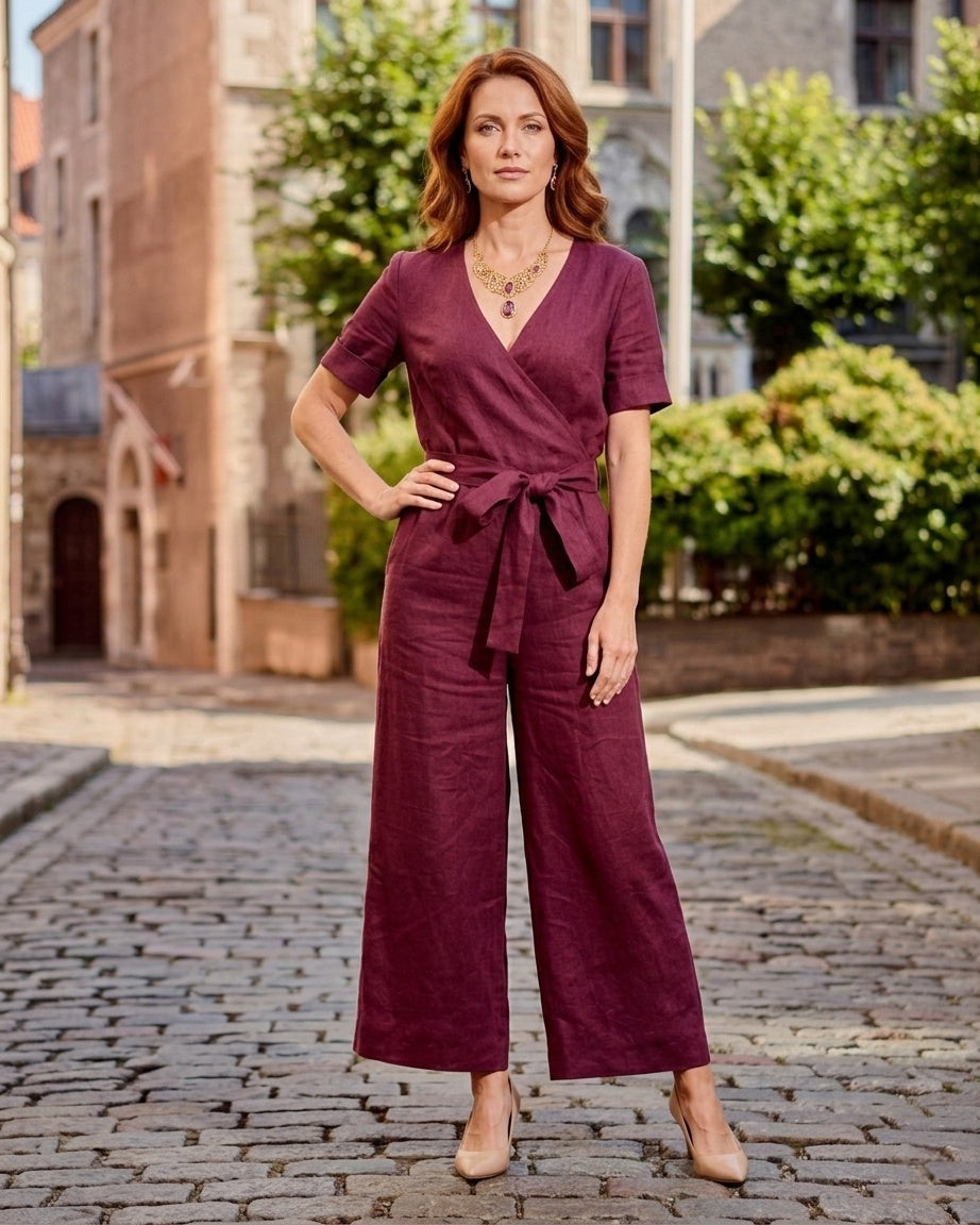 Lniany Kombinezon Damski z Dekoltem V | Krótki Rękaw i Wiązanie