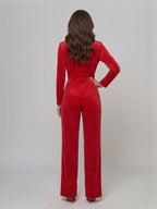 Elegancki Kombinezon Wieczorowy z Kołnierzem | Szerokie Nogawki i Pasek