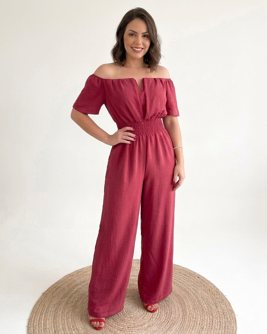 Elegancki Kombinezon Hiszpanka | Szerokie Nogawki i Marszczona Talia