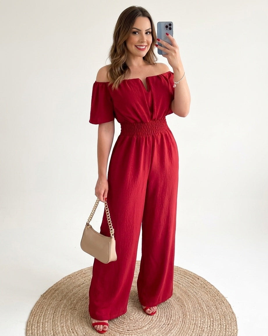 Elegancki Kombinezon Hiszpanka | Szerokie Nogawki i Marszczona Talia